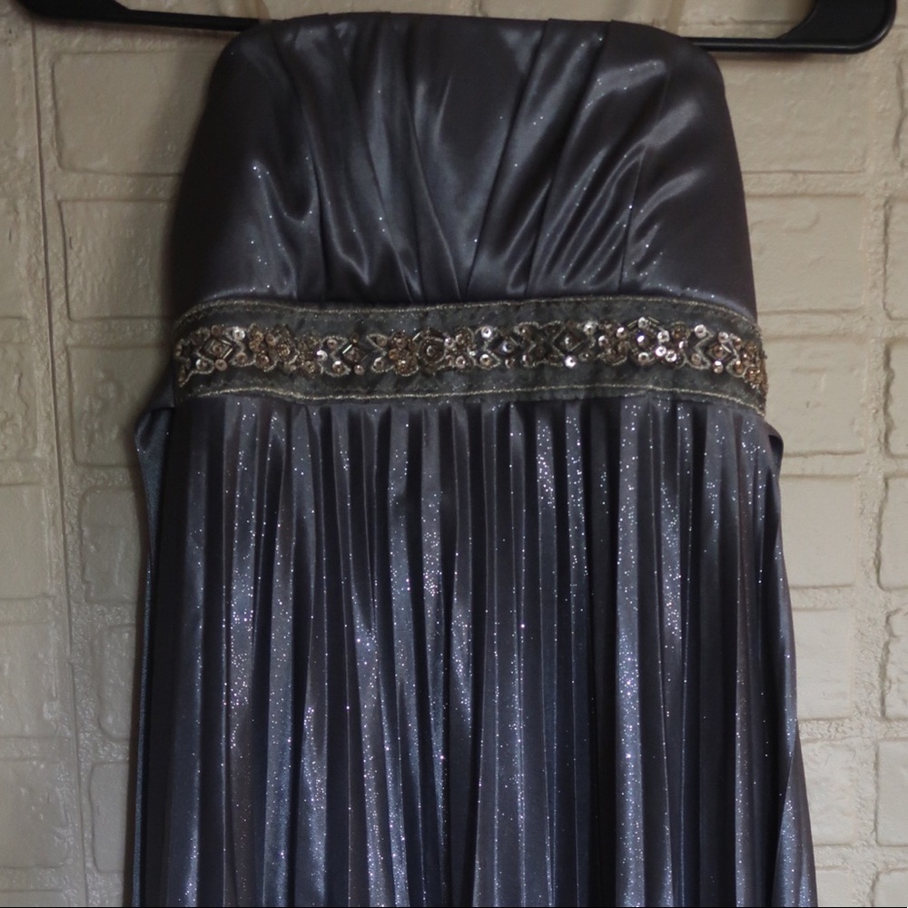 Empire Waist Strapless Pleated Shimmer Dress